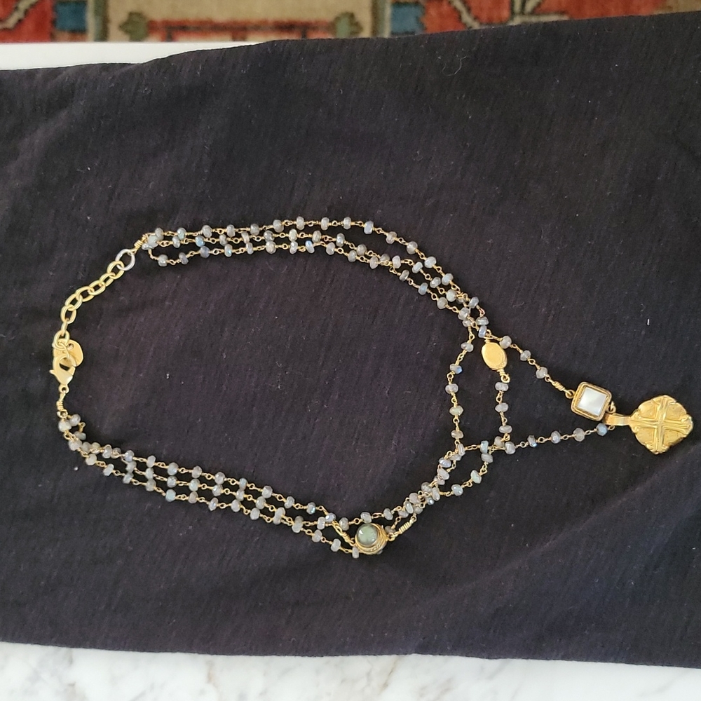 Grace George gold and semi precious stone necklace with pearl detail .
